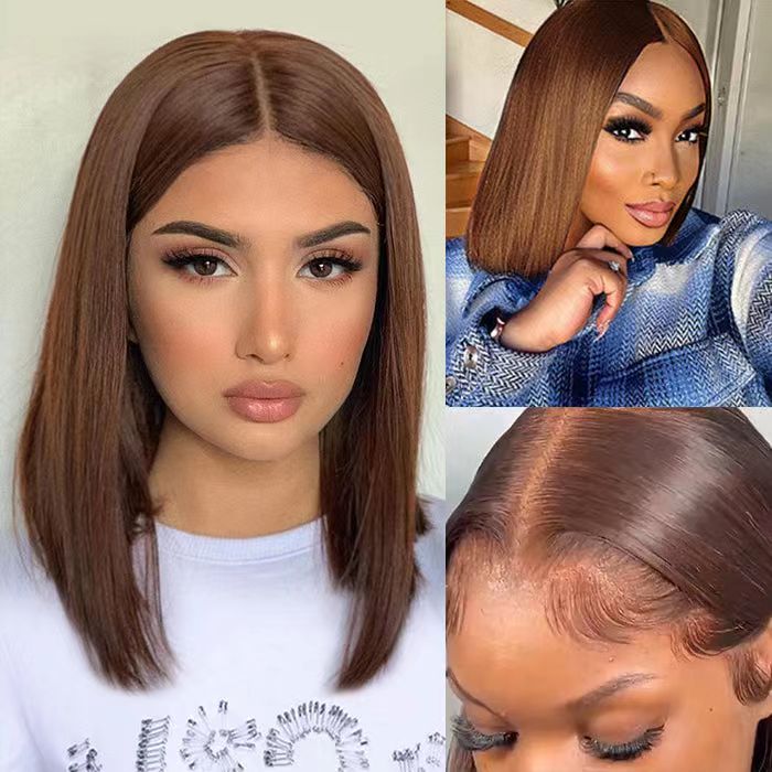 #4 Chocolate Brown Short Straight Bob 4x4/5x5 Lace Closure Wig Human Virgin Hair ZSFOQQ HAIR