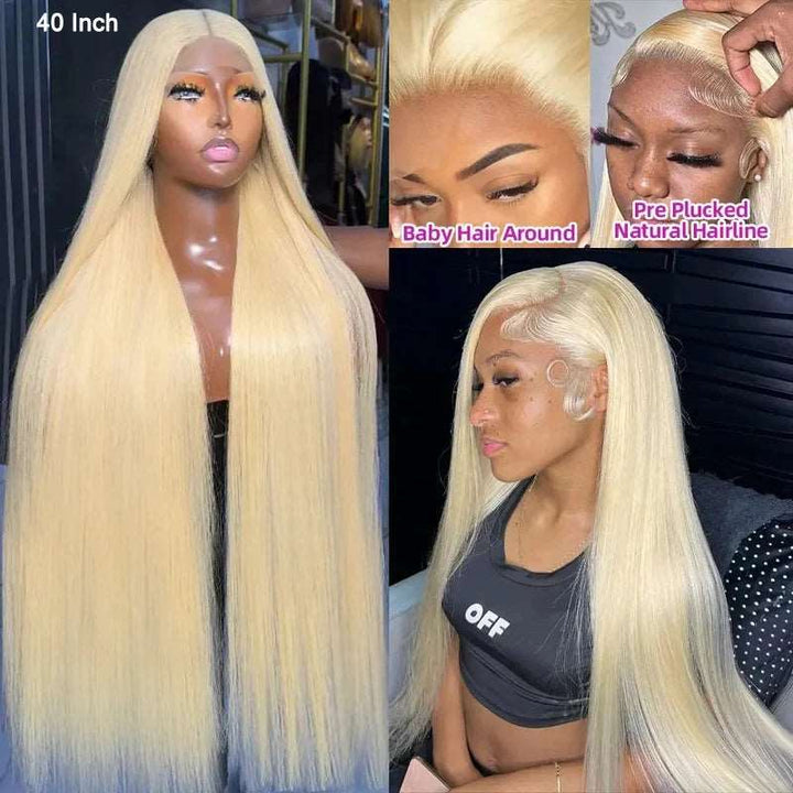 ZSFOQQ 613 Blonde Straight Hair 13x4 HD Lace Front Wig Pre Plucked Long 40 Inch Human Hair Wigs Glueless HD Lace Wig