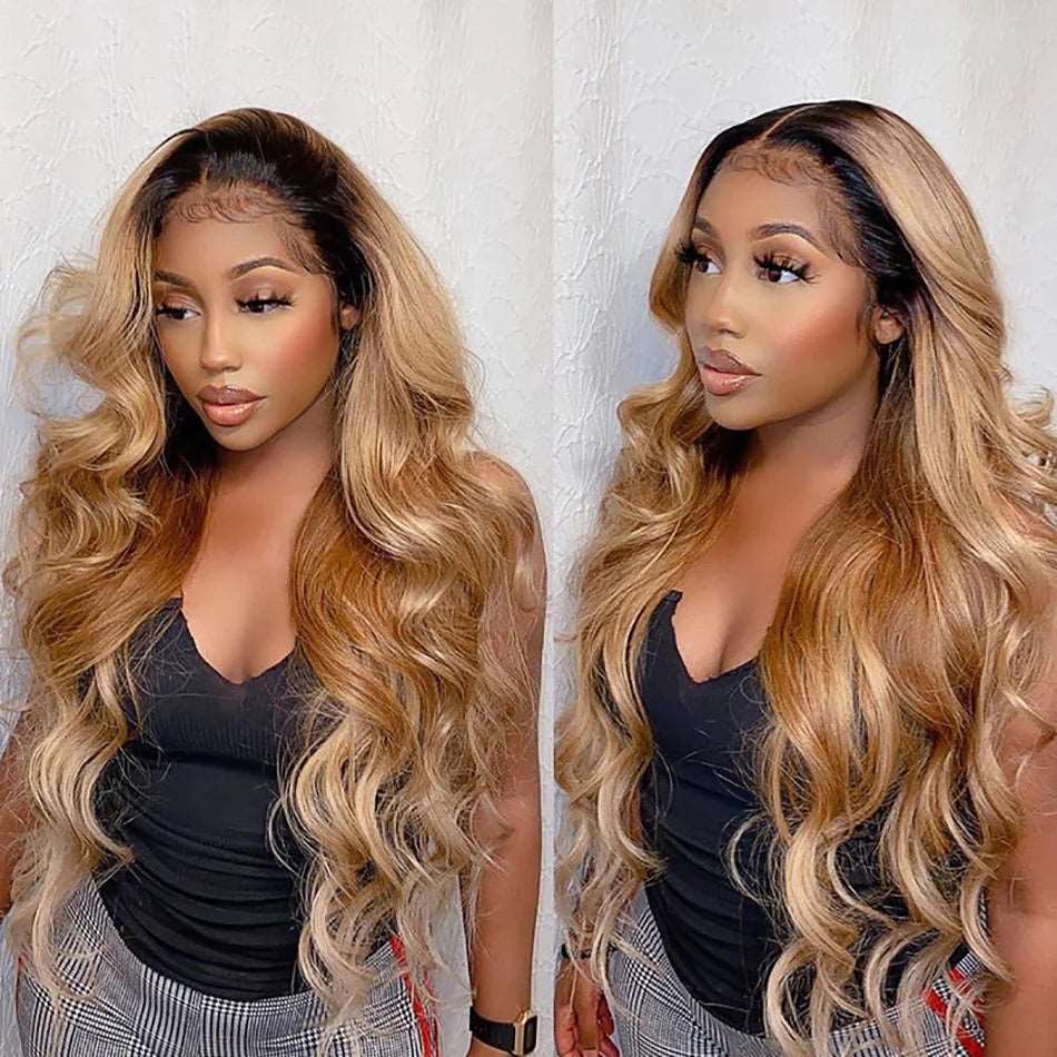 ZSFOQQ Hair 1B 27# Ombre Lace Wig Body Wave 5*5/13*4 Lace Colored Human Virgin Hair One Piece.