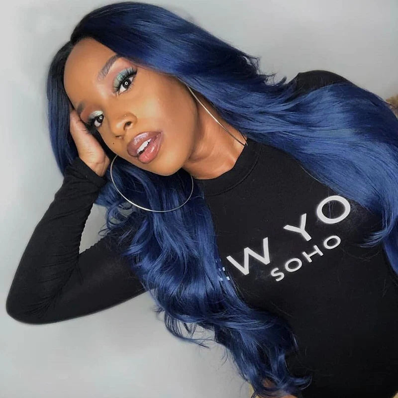 ZSFOQQ - 13x4 Transparent Lace Body Wave Dark Blue 100% Human Hair Wigs For Women.