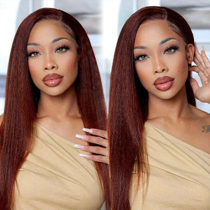 ZSFOQQ 4x4 5x5 Lace Closure Glueless Reddish Brown Colored Yaki Straight Human Hair Wigs.