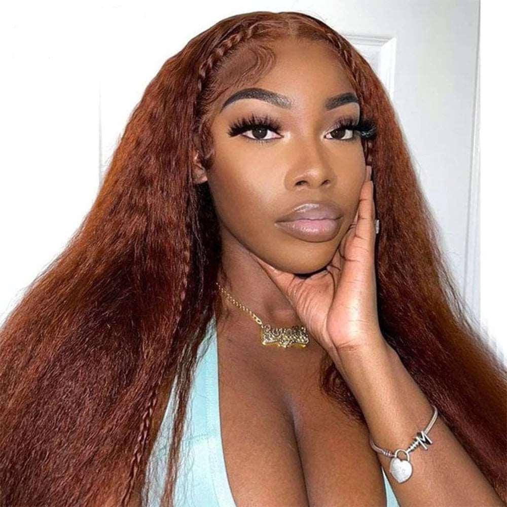 ZSFOQQ 4x4 5x5 Lace Closure Glueless Reddish Brown Colored Yaki Straight Human Hair Wigs.