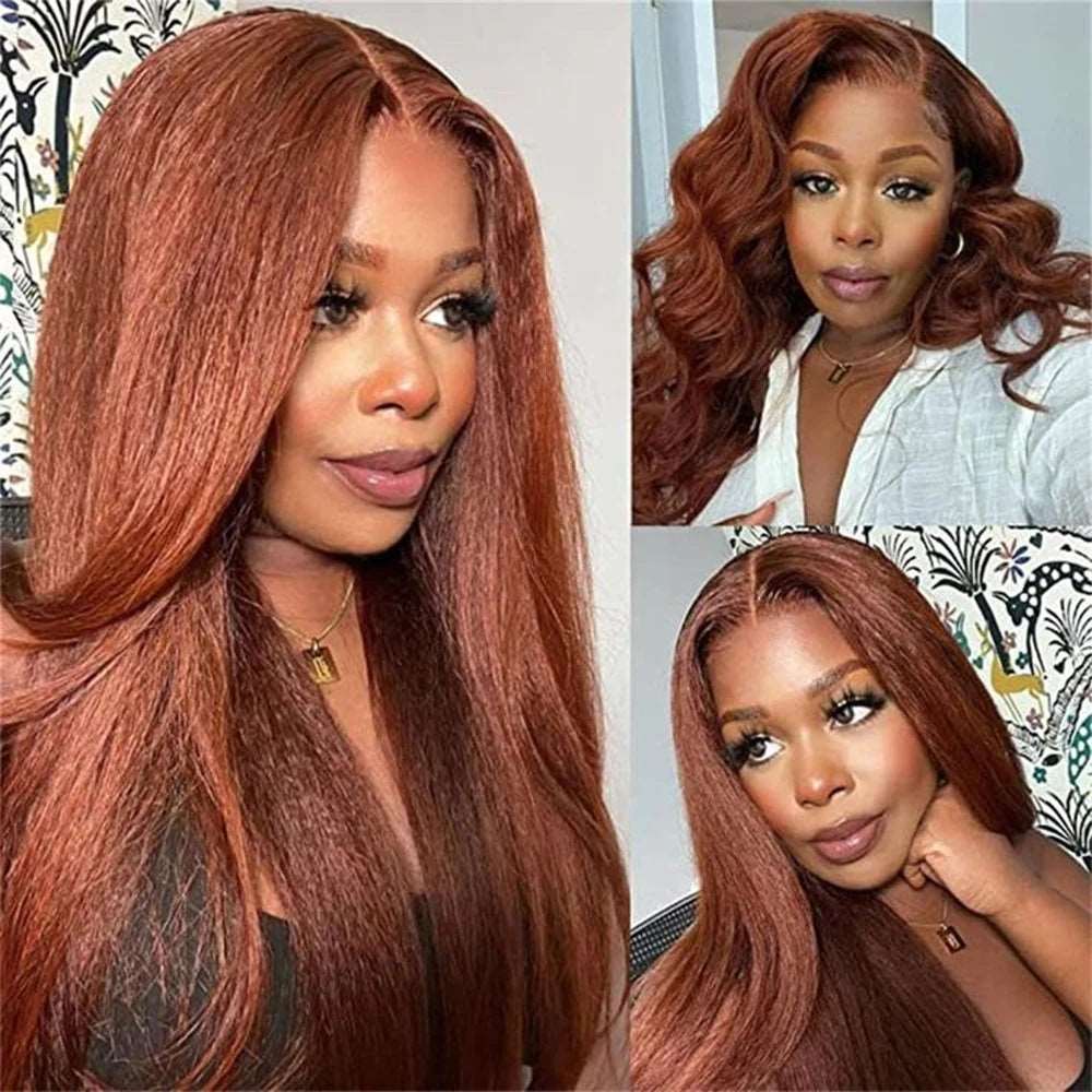 ZSFOQQ 4x4 5x5 Lace Closure Glueless Reddish Brown Colored Yaki Straight Human Hair Wigs.