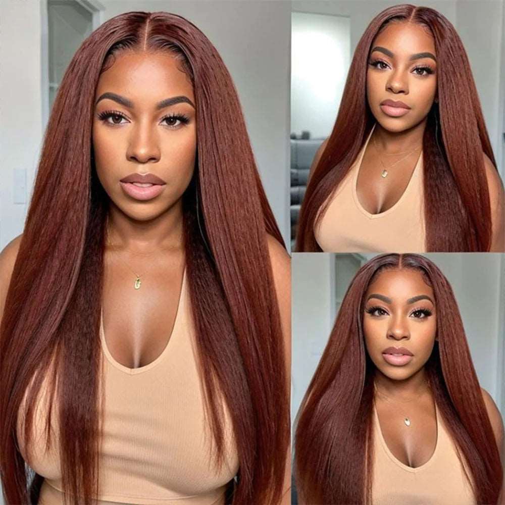 ZSFOQQ 4x4 5x5 Lace Closure Glueless Reddish Brown Colored Yaki Straight Human Hair Wigs.