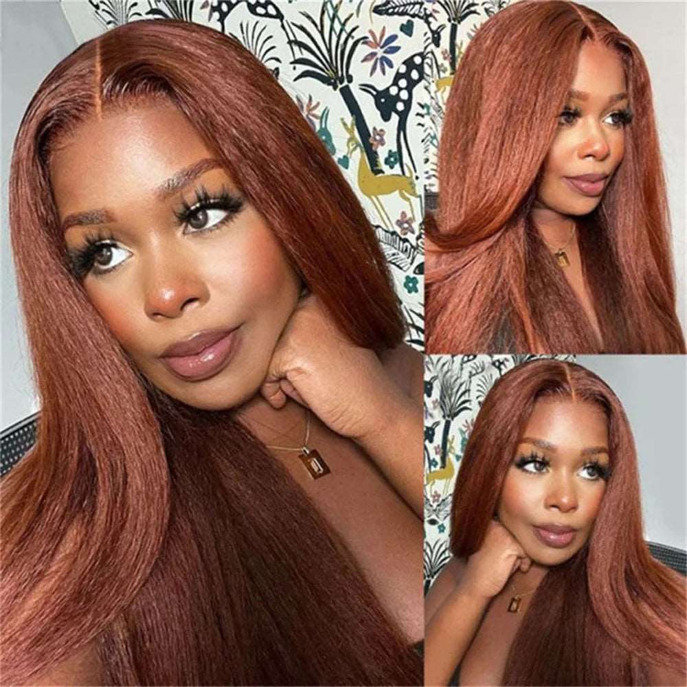 ZSFOQQ 4x4 5x5 Lace Closure Glueless Reddish Brown Colored Yaki Straight Human Hair Wigs.