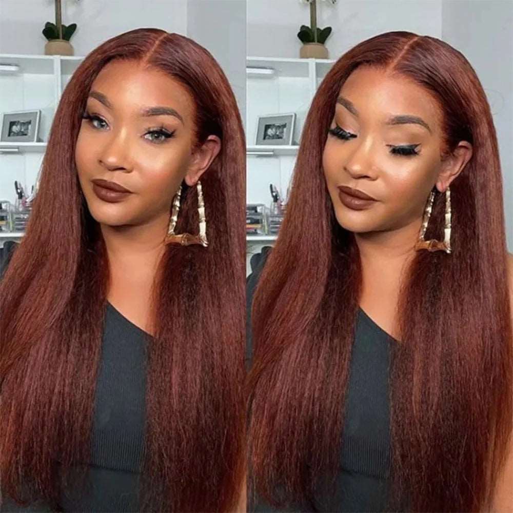 ZSFOQQ 4x4 5x5 Lace Closure Glueless Reddish Brown Colored Yaki Straight Human Hair Wigs.