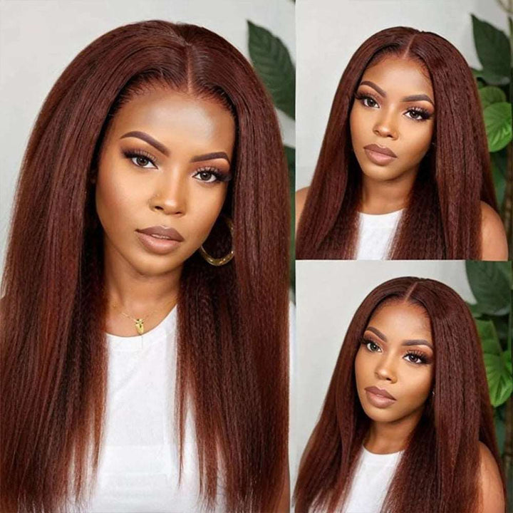 ZSFOQQ 4x4 5x5 Lace Closure Glueless Reddish Brown Colored Yaki Straight Human Hair Wigs.