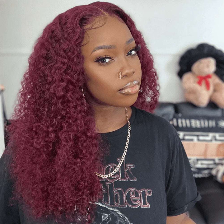 ZSFOQQ 99J Colored Lace Front Human Hair Wigs Jerry Curly Transparent Lace Frontal Wig Glueless Wig For Women.