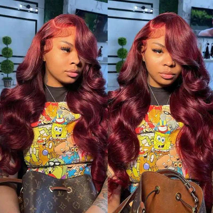 ZSFOQQ Hair Body Wave 99J Burgundy Color 6*4 Pre-Cut Lace Closure Wig Human Hair Glueless Wig