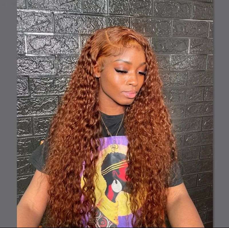 ZSFOQQ Hair 33# Copper Chestnut Brown Brazilian Water Wave Curly Copper Transparent Lace Wig Pre Plucked.