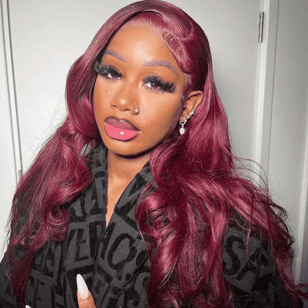 ZSFOQQ Hair Burgundy 99J Colored Wig Body Wave Red Color Lace Front Human Hair Wig.