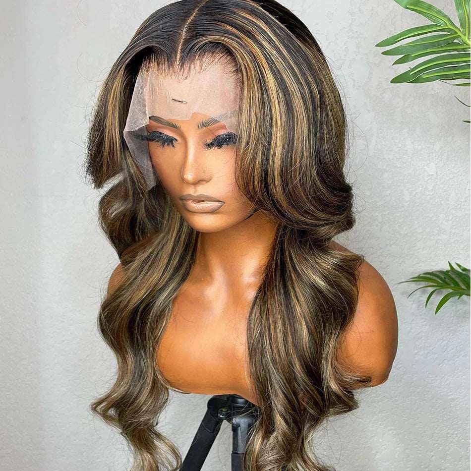 ZSFOQQ Hair 1b/27# Highlights Black/Honey Blonde Brazilian Body Wave 5*5/13*4 Lace Wig Pre Plucked.