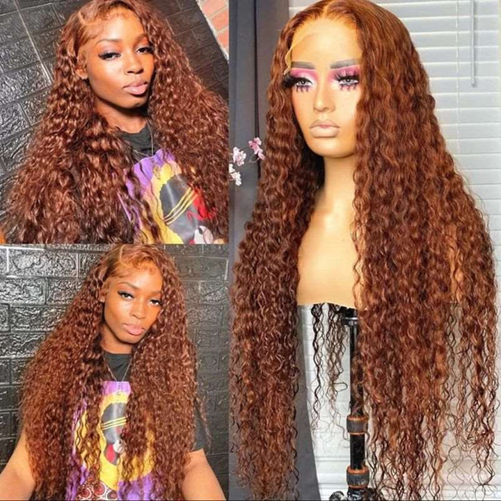 ZSFOQQ Hair 33# Copper Chestnut Brown Brazilian Water Wave Curly Copper Transparent Lace Wig Pre Plucked.