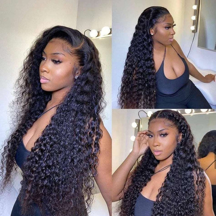 ZSFOQQ Hair Deep Curly 13*4 Transparent Lace Frontal Wig Unprocessed Human Virgin Hair Natural Black.