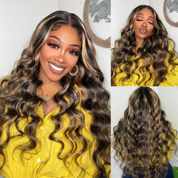 ZSFOQQ Highlight Lace Front Wig Body Wave Glueless Human Hair Wigs 180% Density