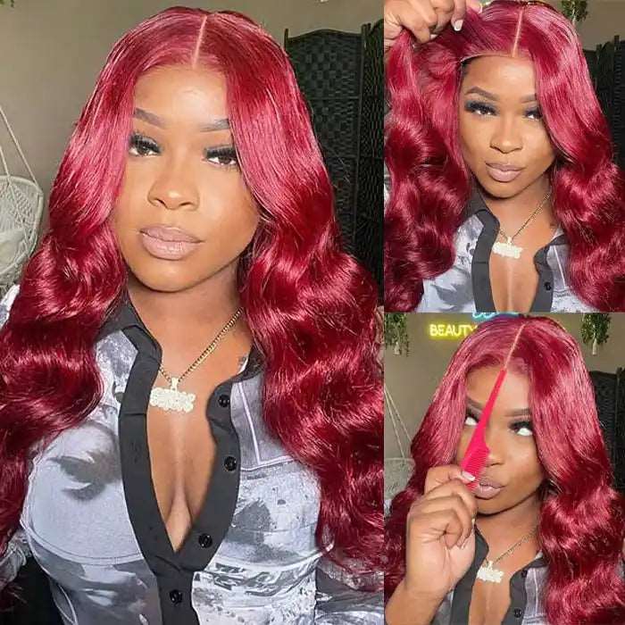 ZSFOQQ Hair Glueless Wear & Go Wig Pre Cut HD Lace Closure Wigs #99J Burgundy Colored Wig