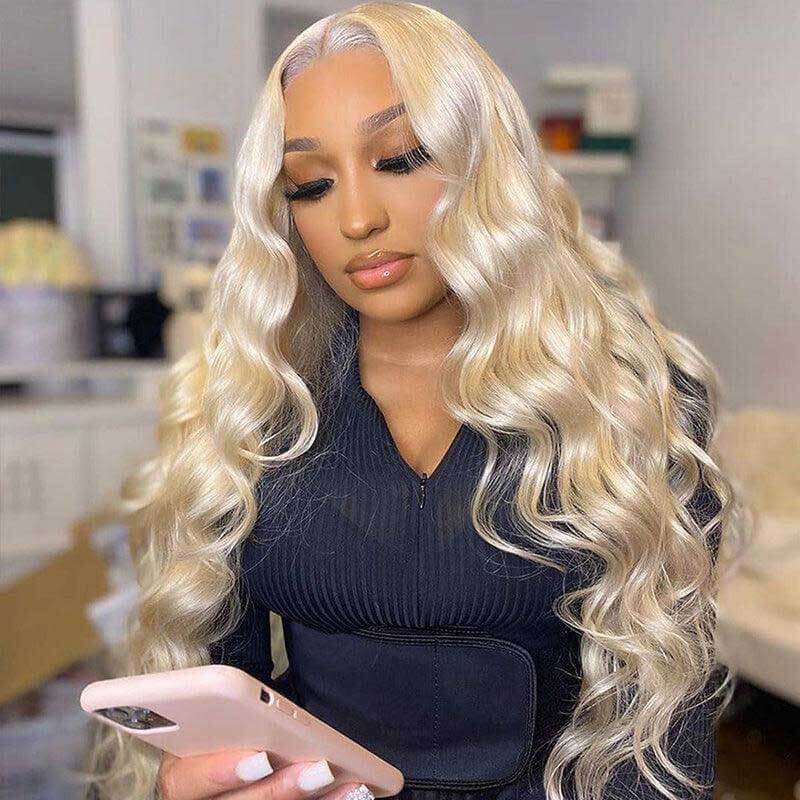 ZSFOQQ Glueless 613 Blonde Body Wave 13x4 Lace Front Wigs HD Transparent Wavy Human Hair Wigs