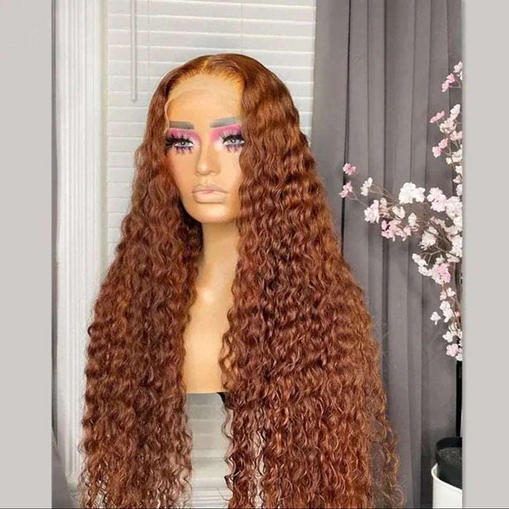 ZSFOQQ Hair 33# Copper Chestnut Brown Brazilian Water Wave Curly Copper Transparent Lace Wig Pre Plucked.