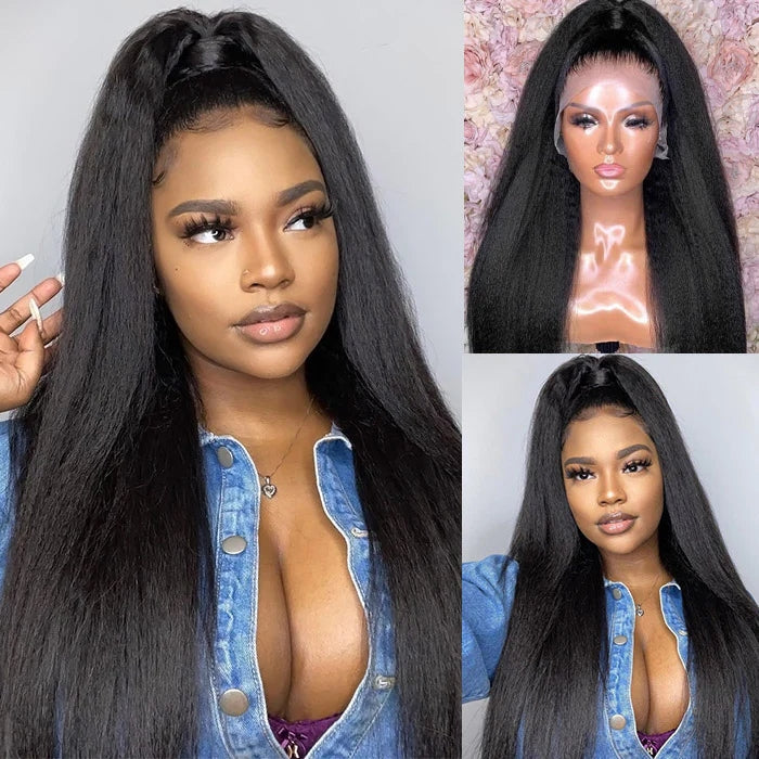 ZSFOQQ Kinky Straight Lace Wig Yaki Human Hair Wigs 13x6 HD Lace Frontal Wig