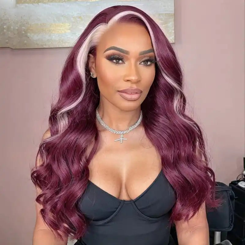 ZSFOQQ Hair 13x4 Lace Frontal Skunk Stripe Wig #613/99J Burgundy Color Highlight Body Wave Wig