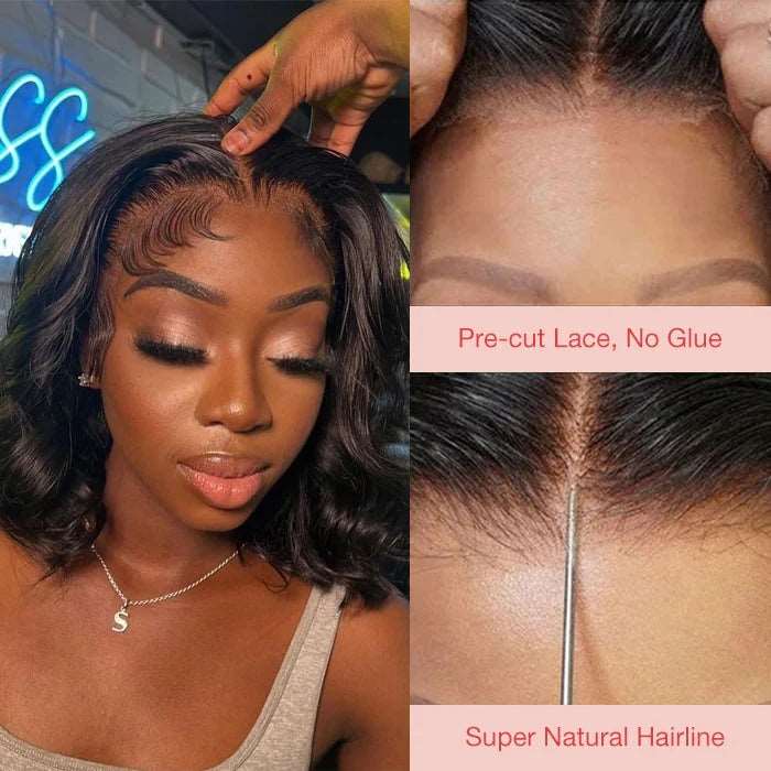 ZSFOQQ Body Wave Wear & Go Bob Wig Pre Cut Short Lace Front Wig Glueless HD Lace Human Hair Wigs