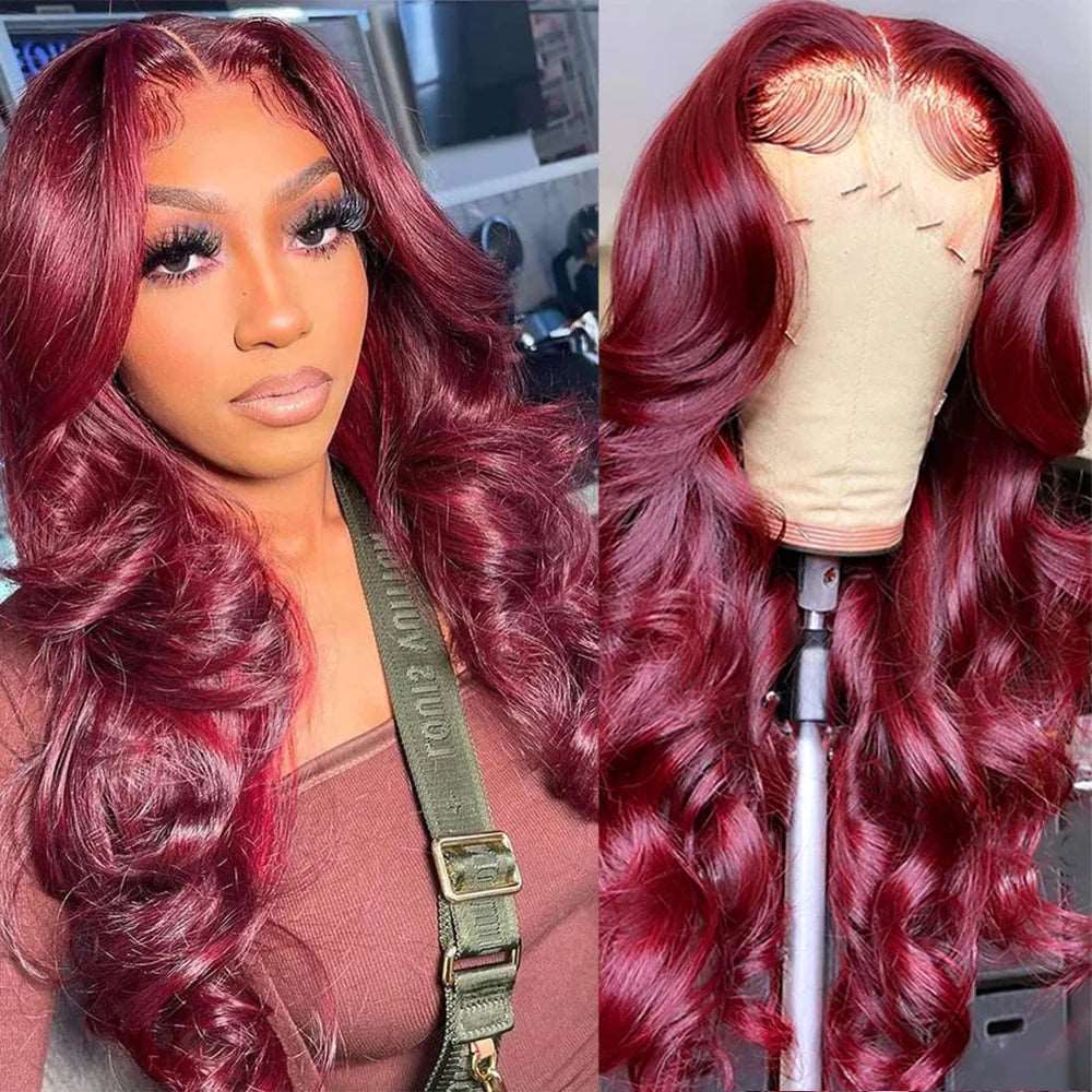 ZSFOQQ Hair Burgundy 99J Colored Wig Body Wave Red Color Lace Front Human Hair Wig.