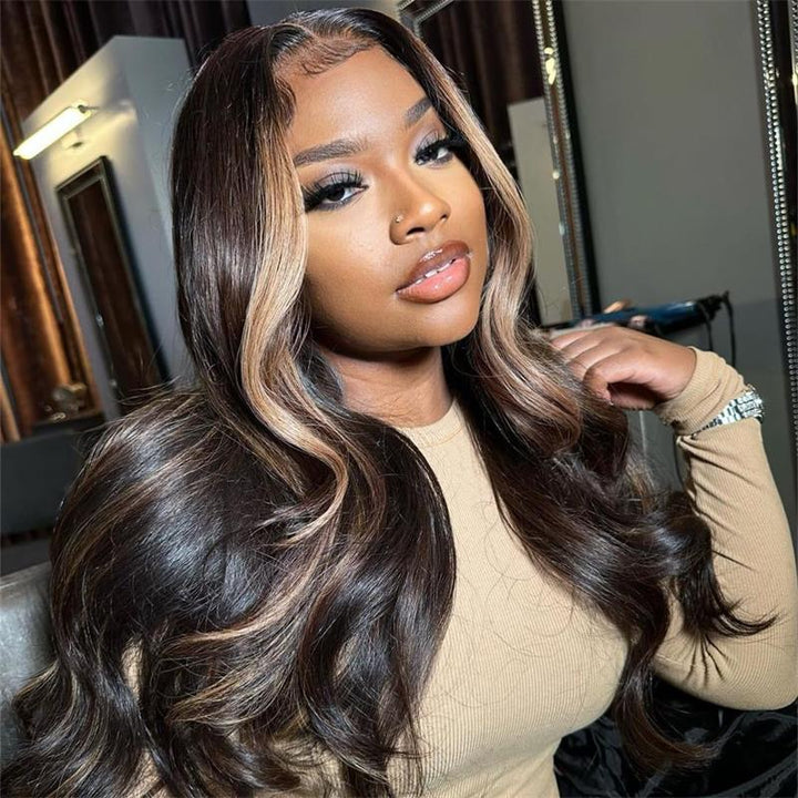 ZSFOQQ Money Piece Brown Body Wave HD Transparent Lace Front Wigs Glueless Skunk Stripe Color Human Hair Wigs