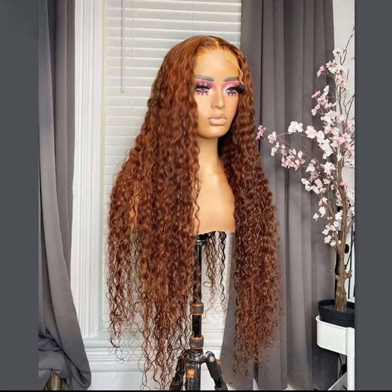 ZSFOQQ Hair 33# Copper Chestnut Brown Brazilian Water Wave Curly Copper Transparent Lace Wig Pre Plucked.