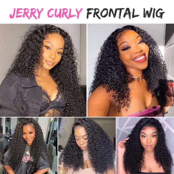 ZSFOQQ Hair HD 13*4 Lace Frontal Wig Jerry Curly Virgin Hair Unprocessed Human Hair Piece Natural Black.