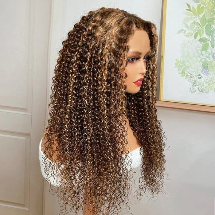 ZSFOQQ Honey Blonde Highlights #4/27 Colored Curly HD Lace 100% Virgin Human Hair Wigs.