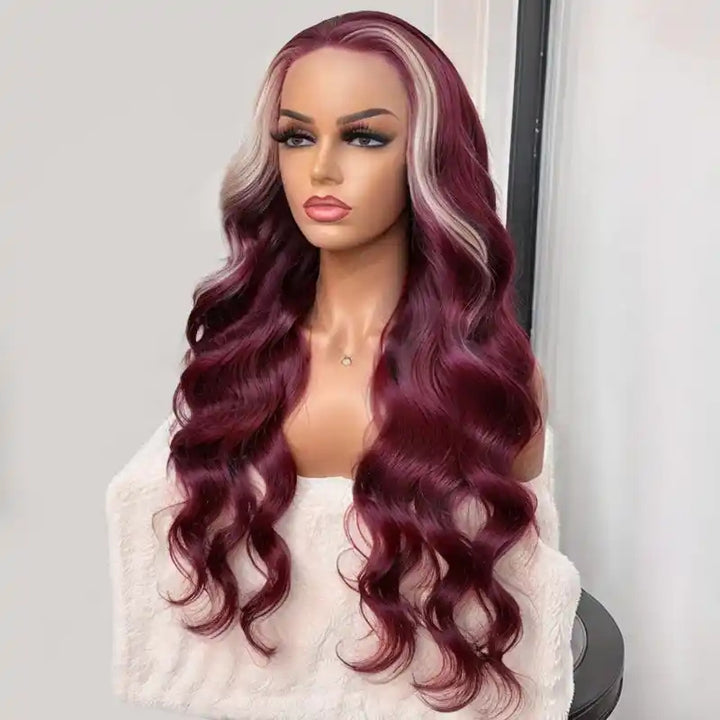 ZSFOQQ Hair 13x4 Lace Frontal Skunk Stripe Wig #613/99J Burgundy Color Highlight Body Wave Wig