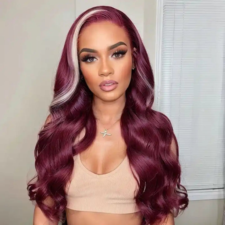 ZSFOQQ Hair 13x4 Lace Frontal Skunk Stripe Wig #613/99J Burgundy Color Highlight Body Wave Wig