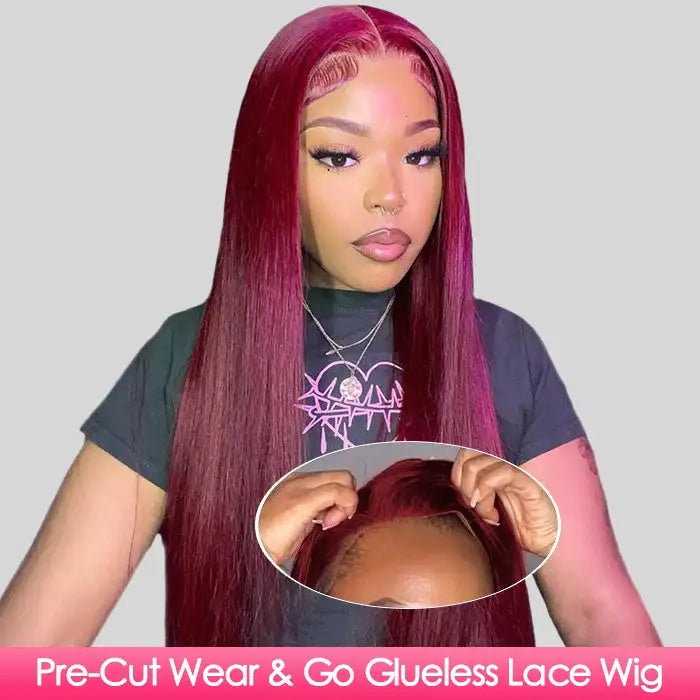 ZSFOQQ Hair Glueless Wear & Go Wig Pre Cut HD Lace Closure Wigs #99J Burgundy Colored Wig