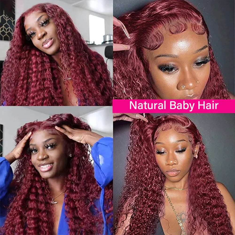 ZSFOQQ 99J Burgundy Deep Wave 4x4/13x4 Lace Front Wig High Density.