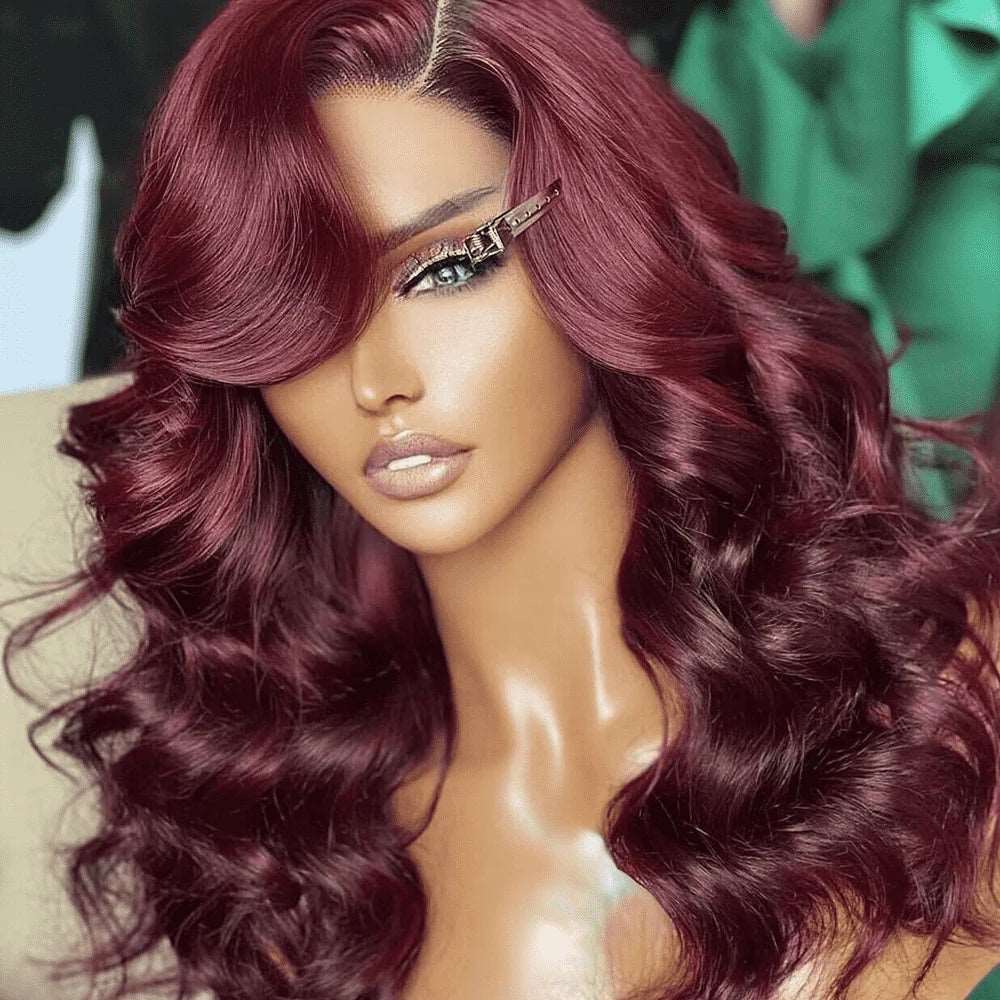 ZSFOQQ Burgundy Lace Front Wig Colored Lace Front Wigs Body Wave Human Hair Wigs.