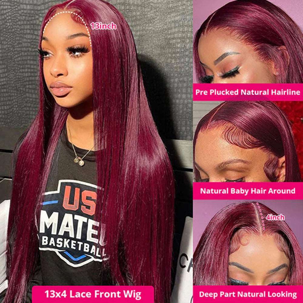 ZSFOQQ 99J Straight Lace Closure Human Hair Wigs Red Colored Transparent 4x4/13x4 Lace Front Wig With Baby Hair.