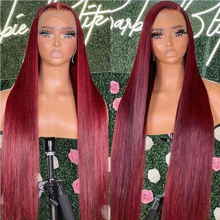 ZSFOQQ Burgundy Hair Straight Human Hair Wigs Transparent 13x4 Lace Front Wig Pre Plucked