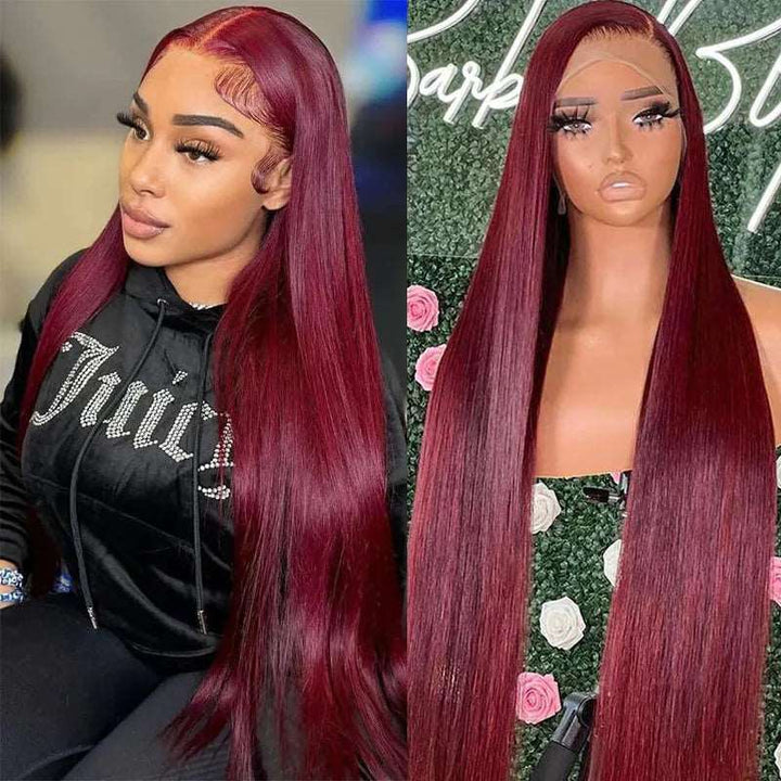 ZSFOQQ Burgundy Hair Straight Human Hair Wigs Transparent 13x4 Lace Front Wig Pre Plucked