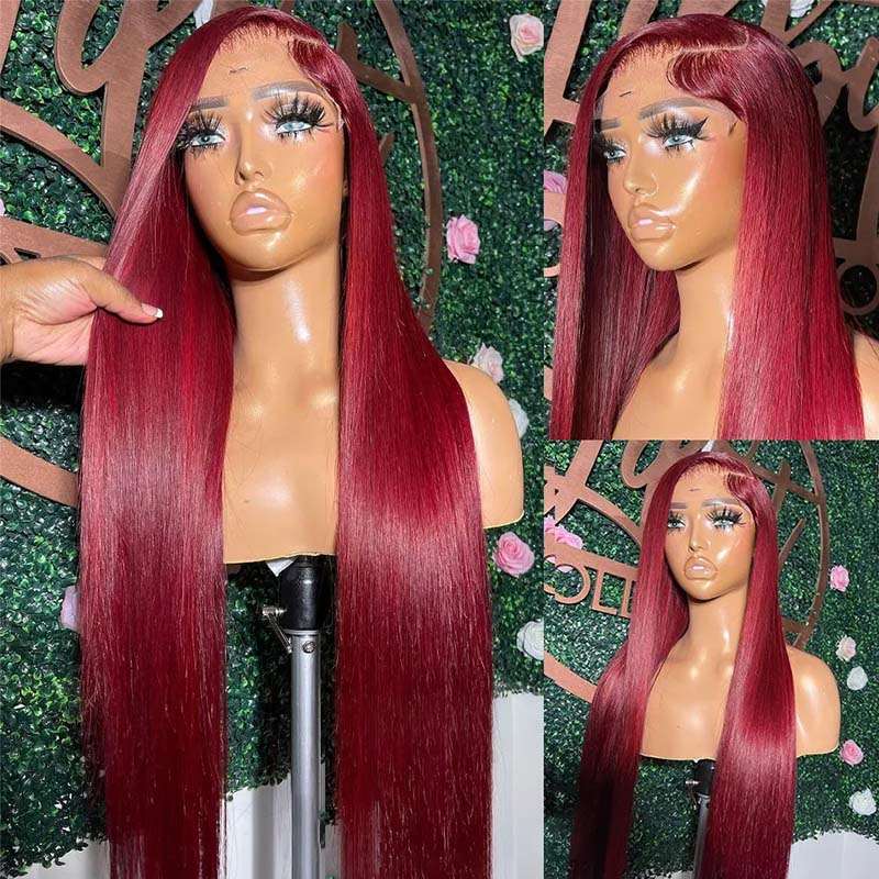 ZSFOQQ Burgundy Hair Straight Human Hair Wigs Transparent 13x4 Lace Front Wig Pre Plucked