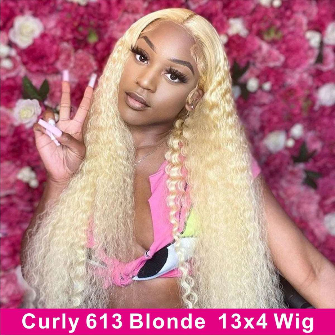 ZSFOQQ 613 Blonde Jerry Curly 13x4 Lace Wig Virgin Human Hair Wigs Pre-Plucked Hairline.