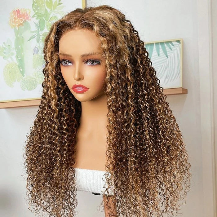 ZSFOQQ Honey Blonde Highlights #4/27 Colored Curly HD Lace 100% Virgin Human Hair Wigs.