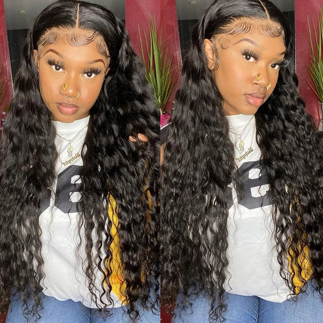 ZSFOQQ Water Wave 13×6 Transprent Lace Frontal Wigs 200% Density Human Hair Wigs