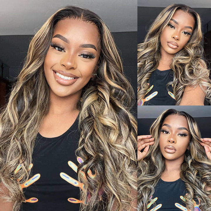 ZSFOQQ Highlight Lace Front Wig Body Wave Glueless Human Hair Wigs 180% Density