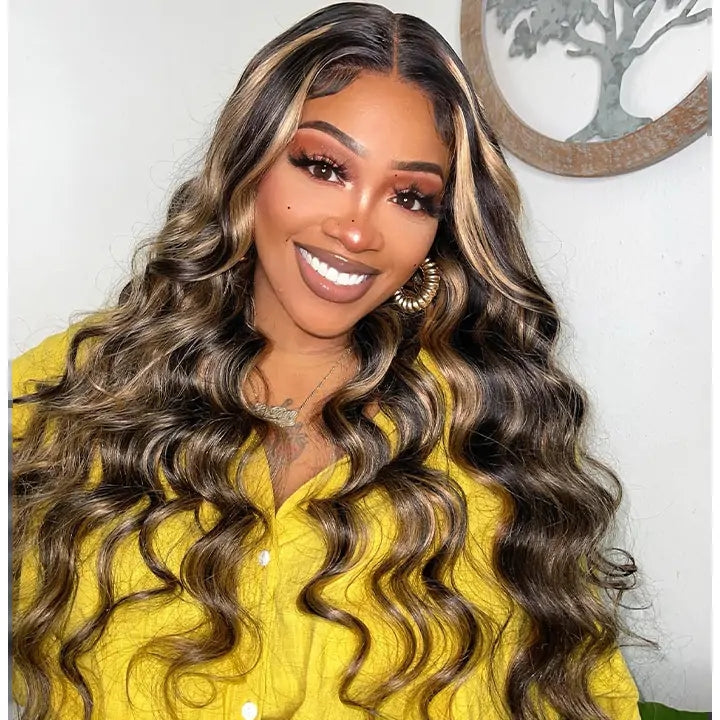 ZSFOQQ Highlight Lace Front Wig Body Wave Glueless Human Hair Wigs 180% Density