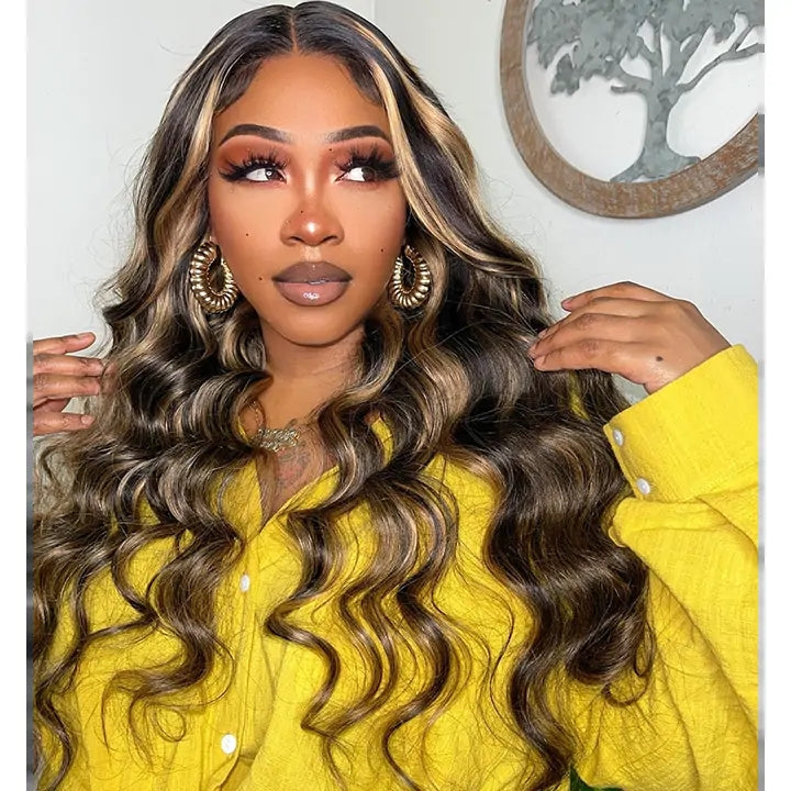 ZSFOQQ Highlight Lace Front Wig Body Wave Glueless Human Hair Wigs 180% Density