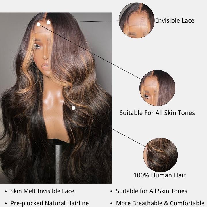 ZSFOQQ Money Piece Brown Body Wave HD Transparent Lace Front Wigs Glueless Skunk Stripe Color Human Hair Wigs