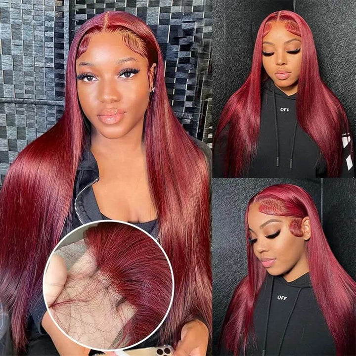 ZSFOQQ Burgundy Hair Straight Human Hair Wigs Transparent 13x4 Lace Front Wig Pre Plucked