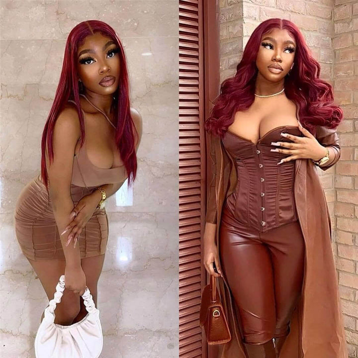 ZSFOQQ Long Straight Hair 99j Burgundy T Part Lace Front Wig Glueless Pre Plucked With Baby Hair 100% Virgin Human Hair Wig