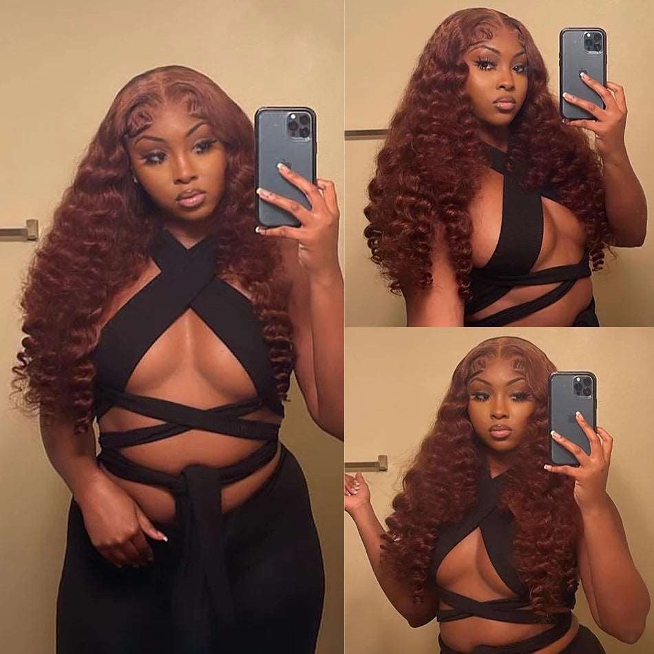 ZSFOQQ Hair 33# Copper Chestnut Brown Brazilian Water Wave Curly Copper Transparent Lace Wig Pre Plucked.