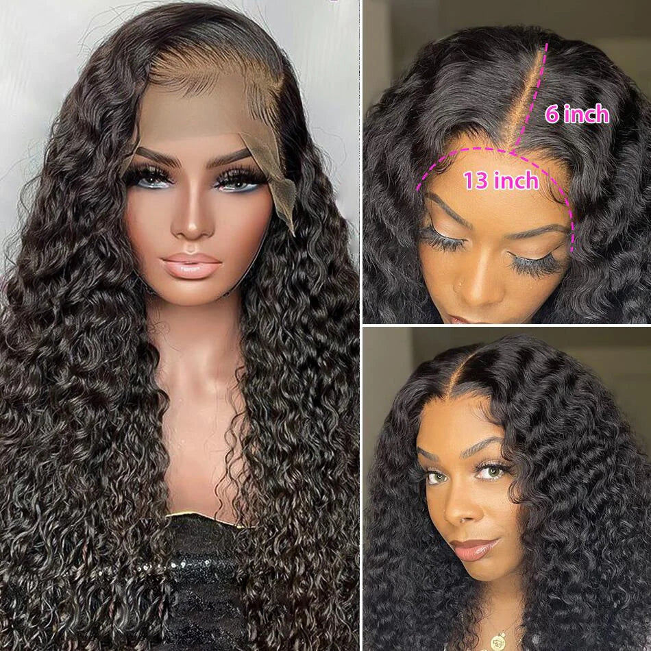 ZSFOQQ Hair Water Wave 13*6 Transparent Lace Frontal Wig Unprocessed Human Virgin Hair Natural Black.